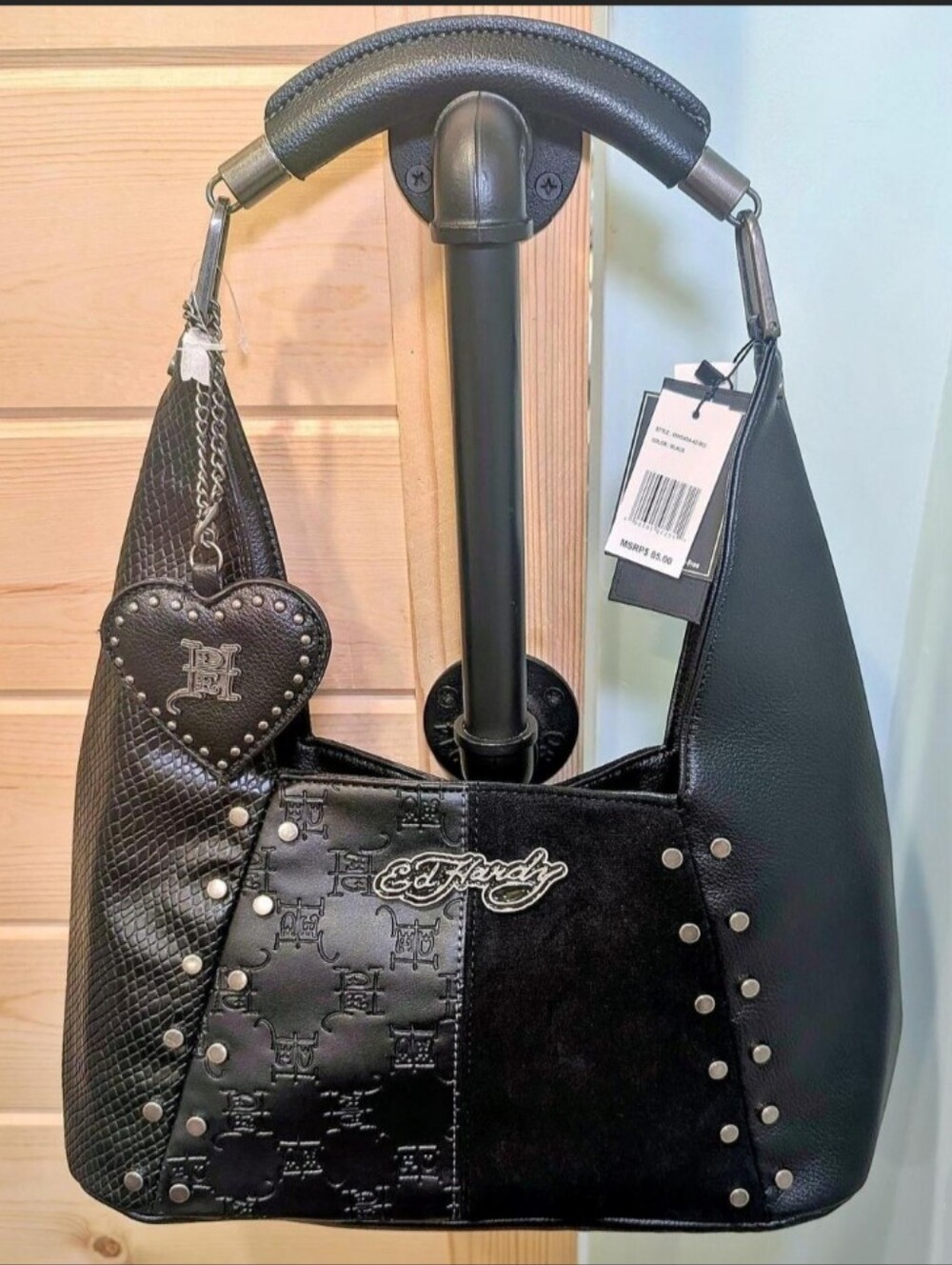 Ed Hardy Black Mixed-Texture Shoulder Bag with Heart Charm Keychain